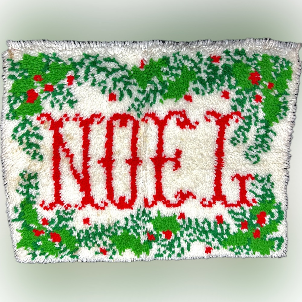 Vintage 1970s “Noel” Latch Hook Rug Tapestry Christmas Boughs Of Holly COMPLETED